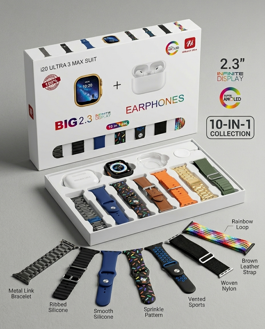 i20 Ultra Max Suit Smartwatch & Earbuds Combo | 10-in-1 Set with 7 Straps