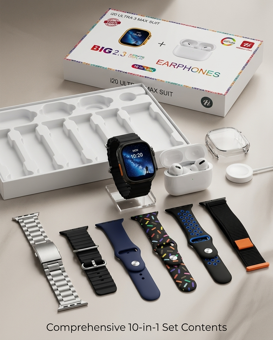 i20 Ultra Max Suit Smartwatch & Earbuds Combo | 10-in-1 Set with 7 Straps