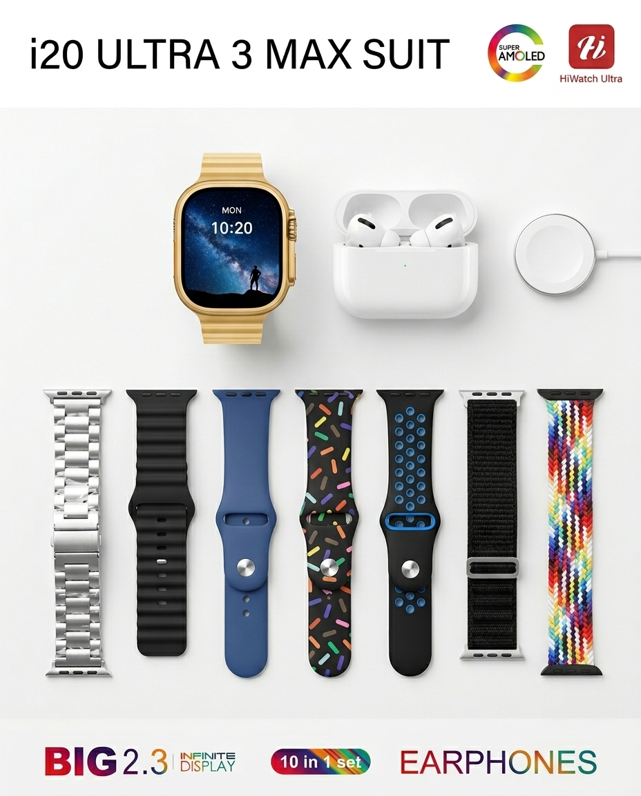 i20 Ultra Max Suit Smartwatch & Earbuds Combo | 10-in-1 Set with 7 Straps