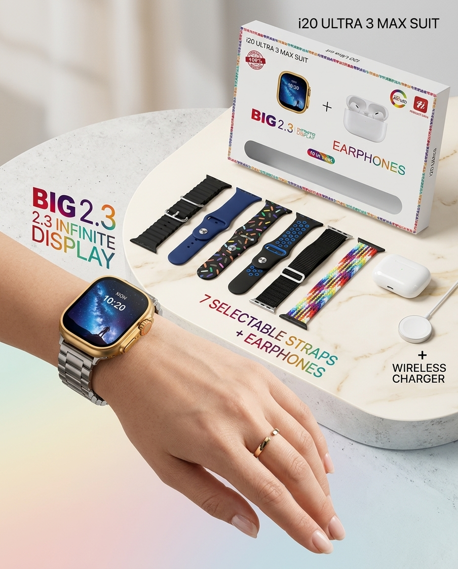i20 Ultra Max Suit Smartwatch & Earbuds Combo | 10-in-1 Set with 7 Straps