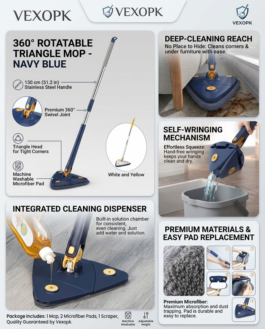 360° Twist Rotatable Triangle Mop with Long Handle Auto Squeeze Design for Floor, Wall, and Ceiling Cleaning