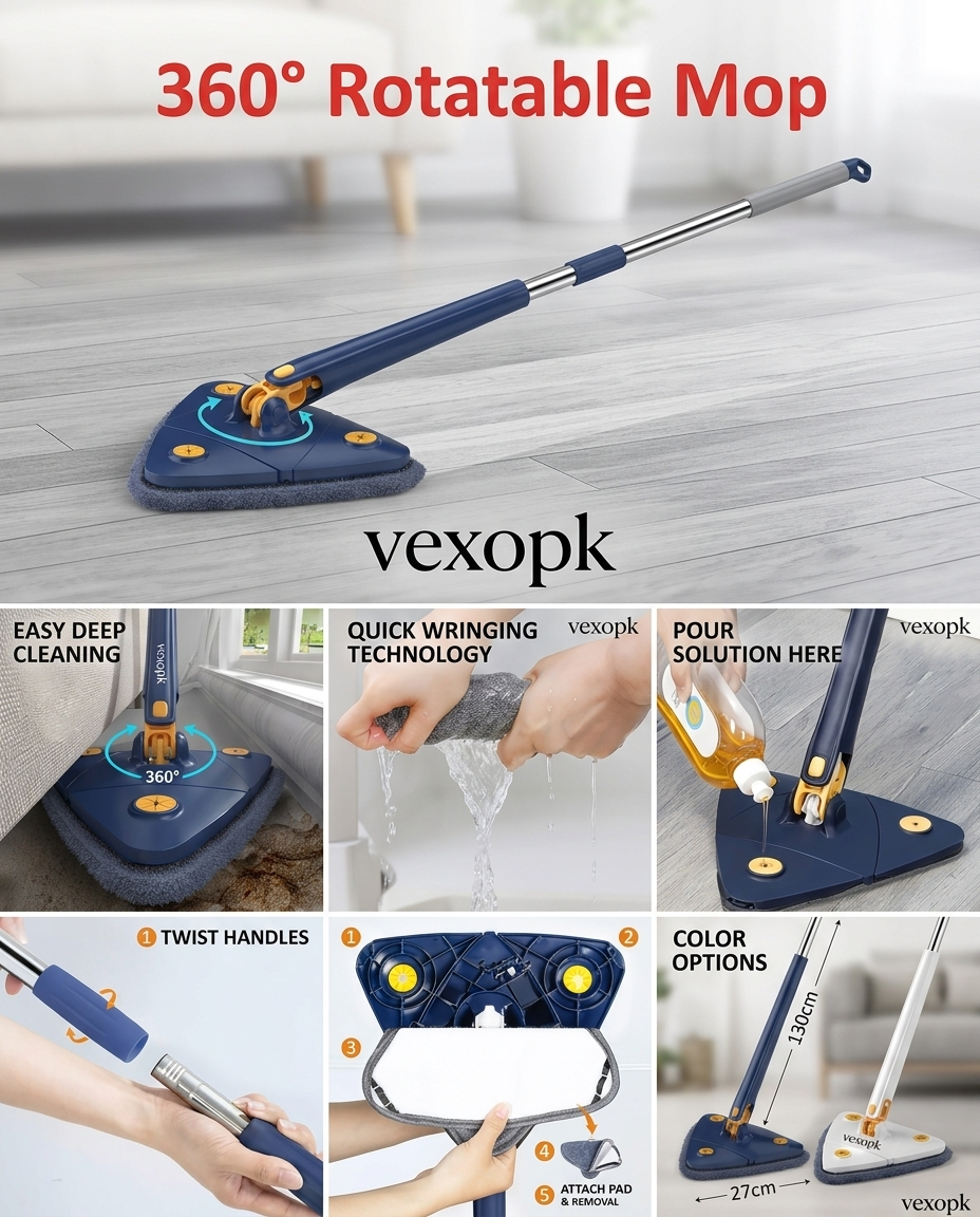 360° Twist Rotatable Triangle Mop with Long Handle Auto Squeeze Design for Floor, Wall, and Ceiling Cleaning
