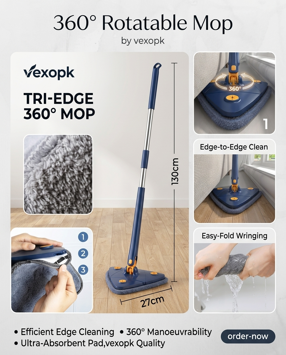360° Twist Rotatable Triangle Mop with Long Handle Auto Squeeze Design for Floor, Wall, and Ceiling Cleaning