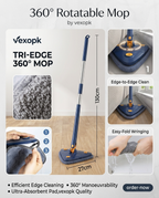 360° Twist Rotatable Triangle Mop with Long Handle Auto Squeeze Design for Floor, Wall, and Ceiling Cleaning