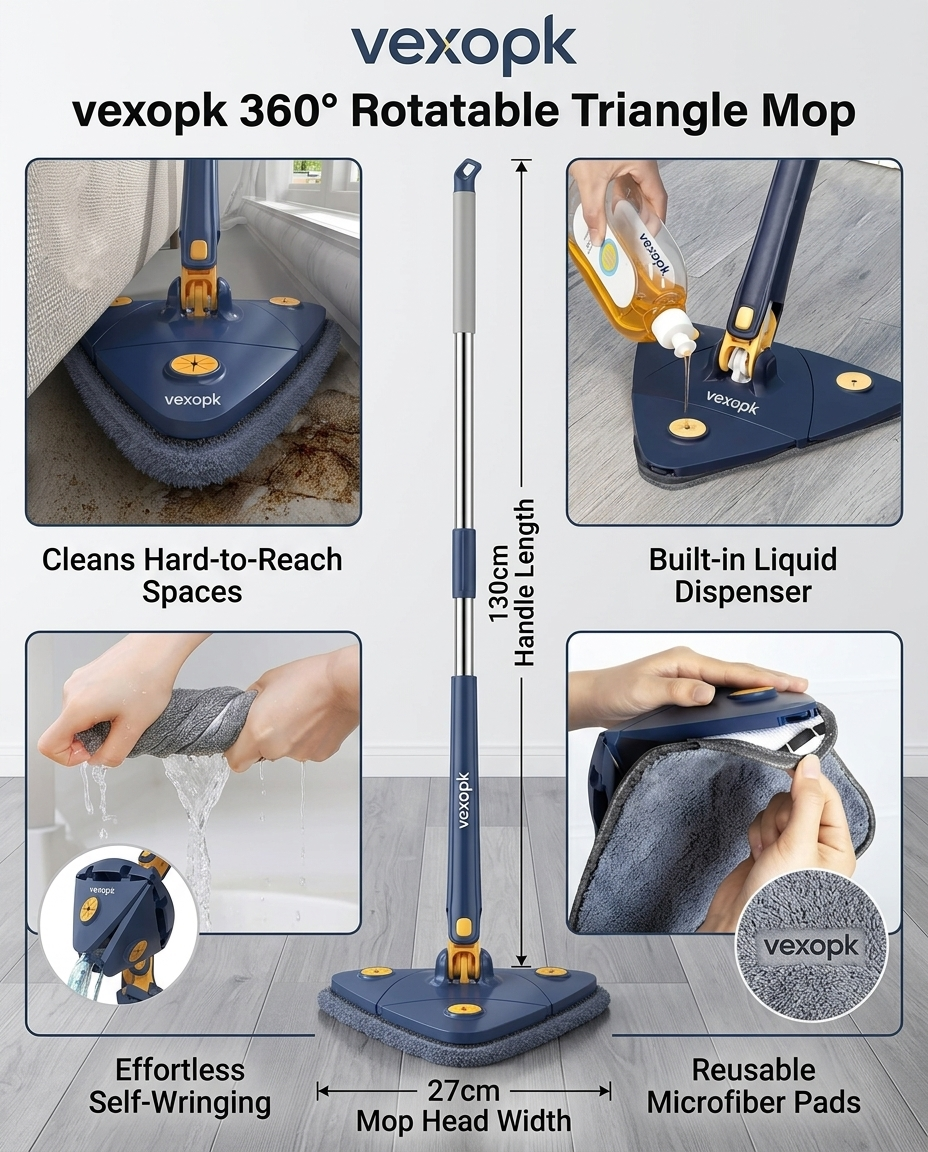 360° Twist Rotatable Triangle Mop with Long Handle Auto Squeeze Design for Floor, Wall, and Ceiling Cleaning