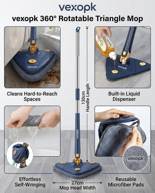 360° Twist Rotatable Triangle Mop with Long Handle Auto Squeeze Design for Floor, Wall, and Ceiling Cleaning