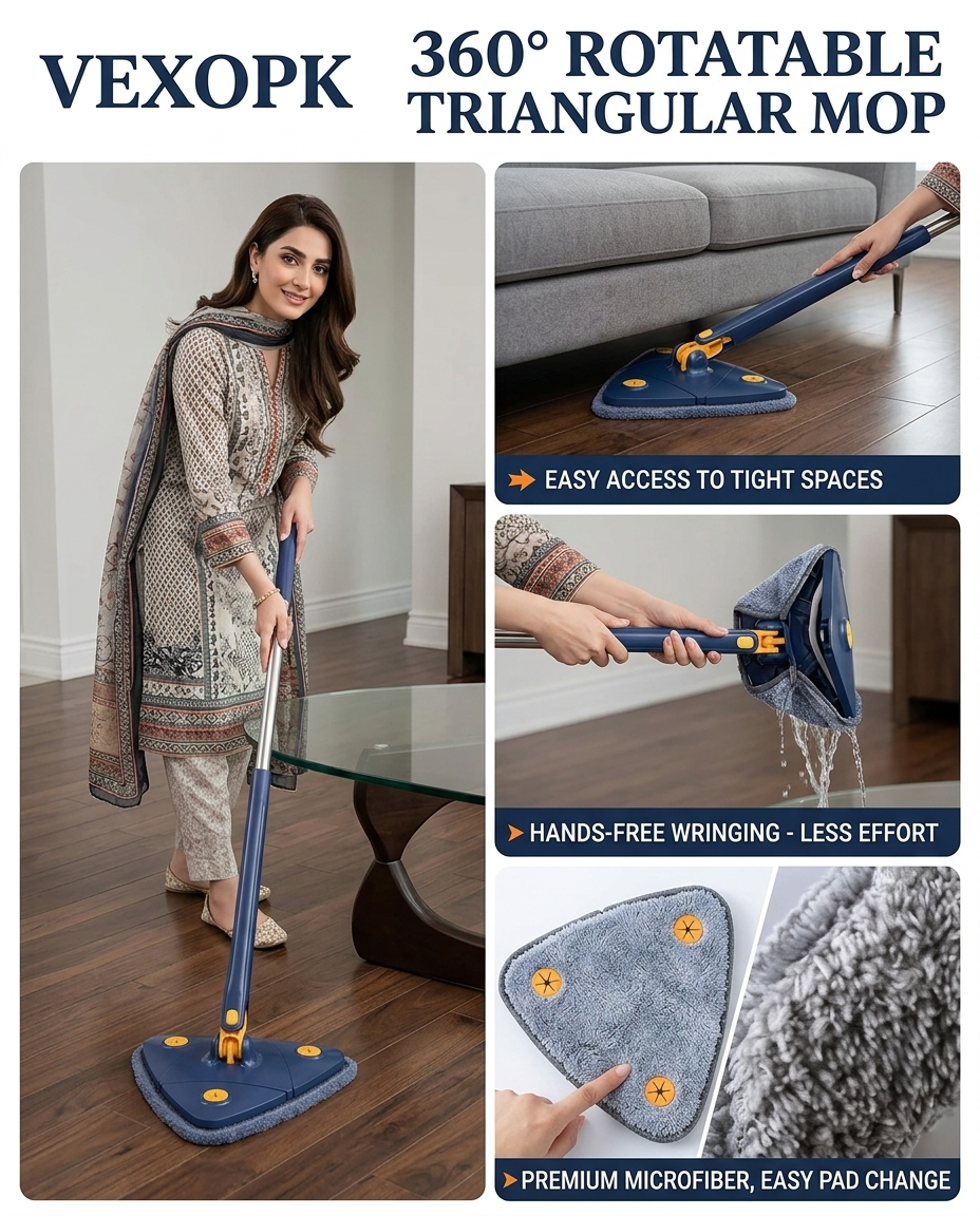 360° Twist Rotatable Triangle Mop with Long Handle Auto Squeeze Design for Floor, Wall, and Ceiling Cleaning