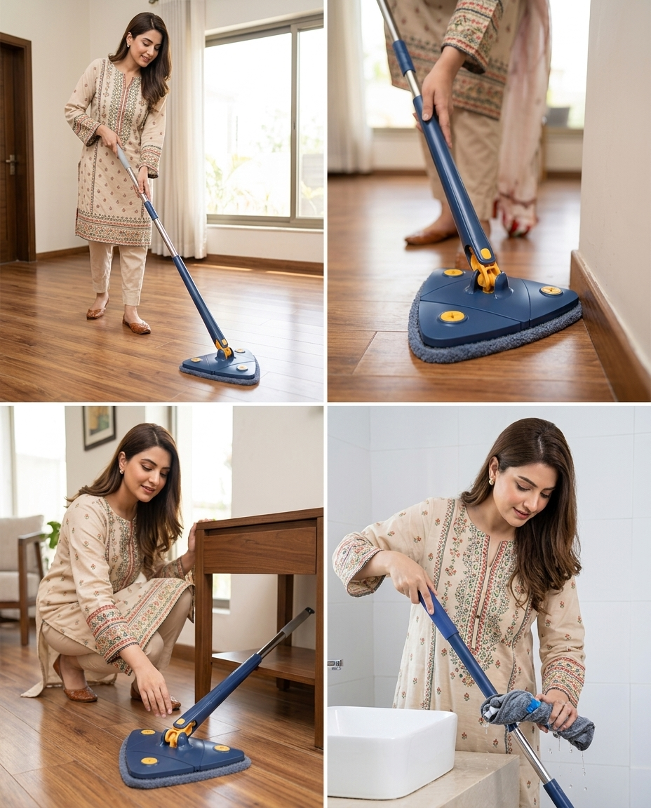 360° Twist Rotatable Triangle Mop with Long Handle Auto Squeeze Design for Floor, Wall, and Ceiling Cleaning