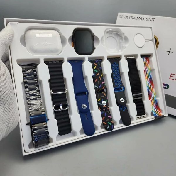 i20 Ultra Max Suit Smartwatch & Earbuds Combo | 10-in-1 Set with 7 Straps